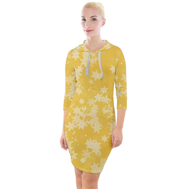 Saffron Yellow Floral Print Quarter Sleeve Hood Bodycon Dress