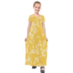 Saffron Yellow Floral Print Kids  Short Sleeve Maxi Dress by SpinnyChairDesigns