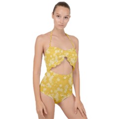 Saffron Yellow Floral Print Scallop Top Cut Out Swimsuit by SpinnyChairDesigns