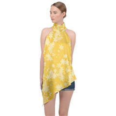 Saffron Yellow Floral Print Halter Asymmetric Satin Top by SpinnyChairDesigns