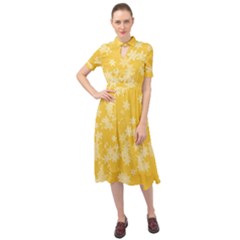 Saffron Yellow Floral Print Keyhole Neckline Chiffon Dress by SpinnyChairDesigns