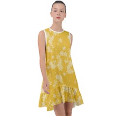 Saffron Yellow Floral Print Frill Swing Dress by SpinnyChairDesigns