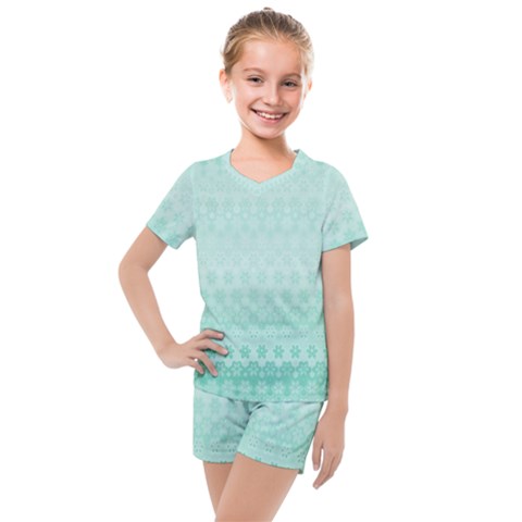 Biscay Green Floral Print Kids  Mesh Tee And Shorts Set by SpinnyChairDesigns