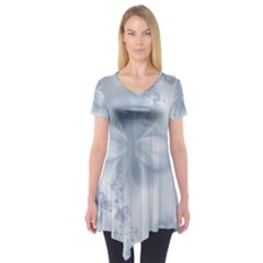 Faded Blue Floral Print Short Sleeve Tunic  by SpinnyChairDesigns