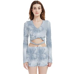 Faded Blue Floral Print Velvet Wrap Crop Top