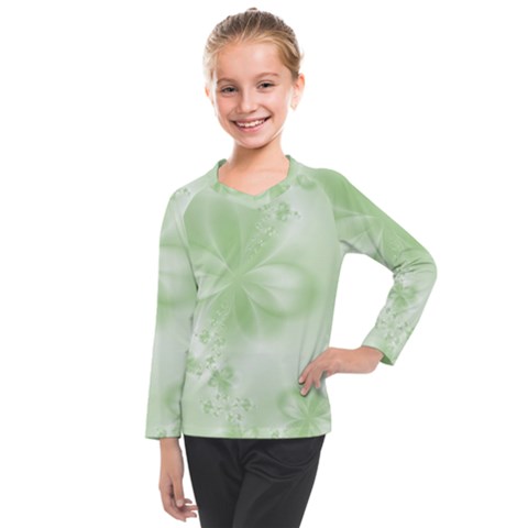 Tea Green Floral Print Kids  Long Mesh Tee by SpinnyChairDesigns