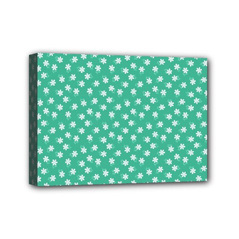 Biscay Green White Floral Print Mini Canvas 7  X 5  (stretched) by SpinnyChairDesigns