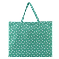 Biscay Green White Floral Print Zipper Large Tote Bag by SpinnyChairDesigns