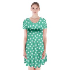 Biscay Green White Floral Print Short Sleeve V-neck Flare Dress by SpinnyChairDesigns