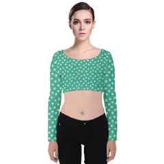 Biscay Green White Floral Print Velvet Long Sleeve Crop Top by SpinnyChairDesigns