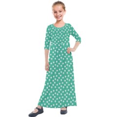 Biscay Green White Floral Print Kids  Quarter Sleeve Maxi Dress by SpinnyChairDesigns