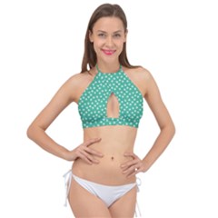 Biscay Green White Floral Print Cross Front Halter Bikini Top by SpinnyChairDesigns