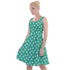 Biscay Green White Floral Print Knee Length Skater Dress by SpinnyChairDesigns