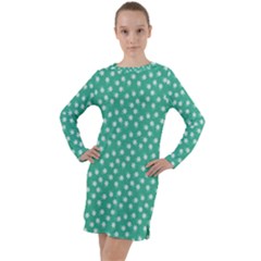 Biscay Green White Floral Print Long Sleeve Hoodie Dress by SpinnyChairDesigns