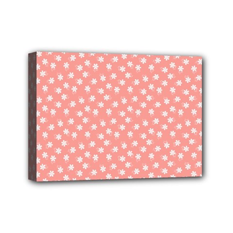 Coral Pink White Floral Print Mini Canvas 7  X 5  (stretched) by SpinnyChairDesigns