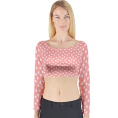 Coral Pink White Floral Print Long Sleeve Crop Top by SpinnyChairDesigns