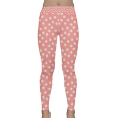 Coral Pink White Floral Print Classic Yoga Leggings by SpinnyChairDesigns