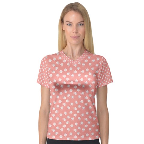 Coral Pink White Floral Print V-neck Sport Mesh Tee by SpinnyChairDesigns
