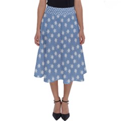 Faded Blue White Floral Print Perfect Length Midi Skirt by SpinnyChairDesigns