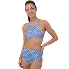 Faded Blue White Floral Print High Waist Tankini Set by SpinnyChairDesigns