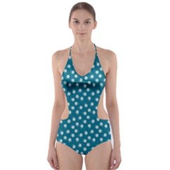 Teal White Floral Print Cut-Out One Piece Swimsuit