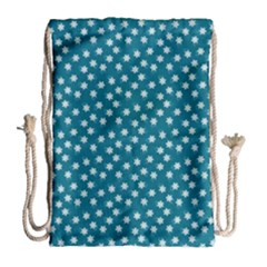 Teal White Floral Print Drawstring Bag (Large)