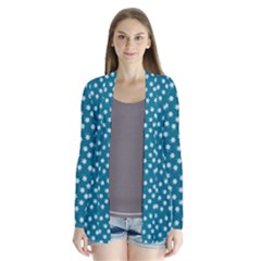 Teal White Floral Print Drape Collar Cardigan