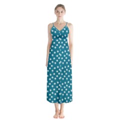 Teal White Floral Print Button Up Chiffon Maxi Dress by SpinnyChairDesigns