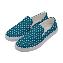 Teal White Floral Print Women s Canvas Slip Ons by SpinnyChairDesigns