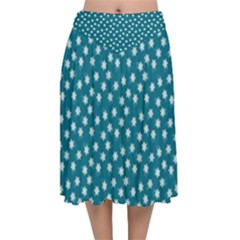 Teal White Floral Print Velvet Flared Midi Skirt