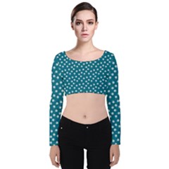 Teal White Floral Print Velvet Long Sleeve Crop Top by SpinnyChairDesigns