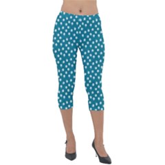 Teal White Floral Print Lightweight Velour Capri Leggings 