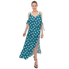 Teal White Floral Print Maxi Chiffon Cover Up Dress