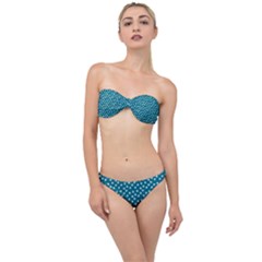 Teal White Floral Print Classic Bandeau Bikini Set