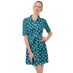 Teal White Floral Print Belted Shirt Dress