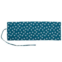 Teal White Floral Print Roll Up Canvas Pencil Holder (M)