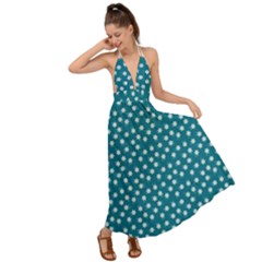 Teal White Floral Print Backless Maxi Beach Dress