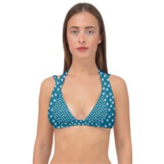 Teal White Floral Print Double Strap Halter Bikini Top