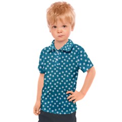 Teal White Floral Print Kids  Polo Tee