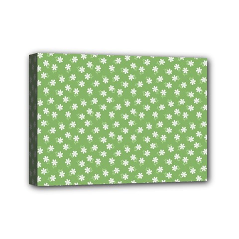 Spring Green White Floral Print Mini Canvas 7  X 5  (stretched) by SpinnyChairDesigns