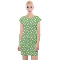 Spring Green White Floral Print Cap Sleeve Bodycon Dress by SpinnyChairDesigns