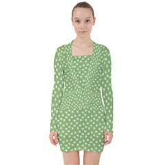 Spring Green White Floral Print V-neck Bodycon Long Sleeve Dress by SpinnyChairDesigns