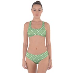 Spring Green White Floral Print Criss Cross Bikini Set by SpinnyChairDesigns