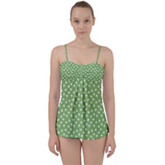Spring Green White Floral Print Babydoll Tankini Set by SpinnyChairDesigns