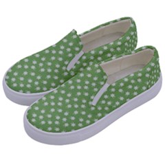 Spring Green White Floral Print Kids  Canvas Slip Ons by SpinnyChairDesigns