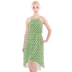 Spring Green White Floral Print High-low Halter Chiffon Dress  by SpinnyChairDesigns