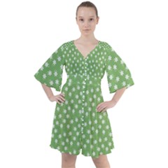 Spring Green White Floral Print Boho Button Up Dress by SpinnyChairDesigns