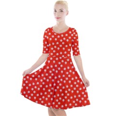 Red White Floral Print Quarter Sleeve A-line Dress by SpinnyChairDesigns