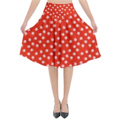 Red White Floral Print Flared Midi Skirt by SpinnyChairDesigns