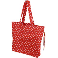Red White Floral Print Drawstring Tote Bag by SpinnyChairDesigns